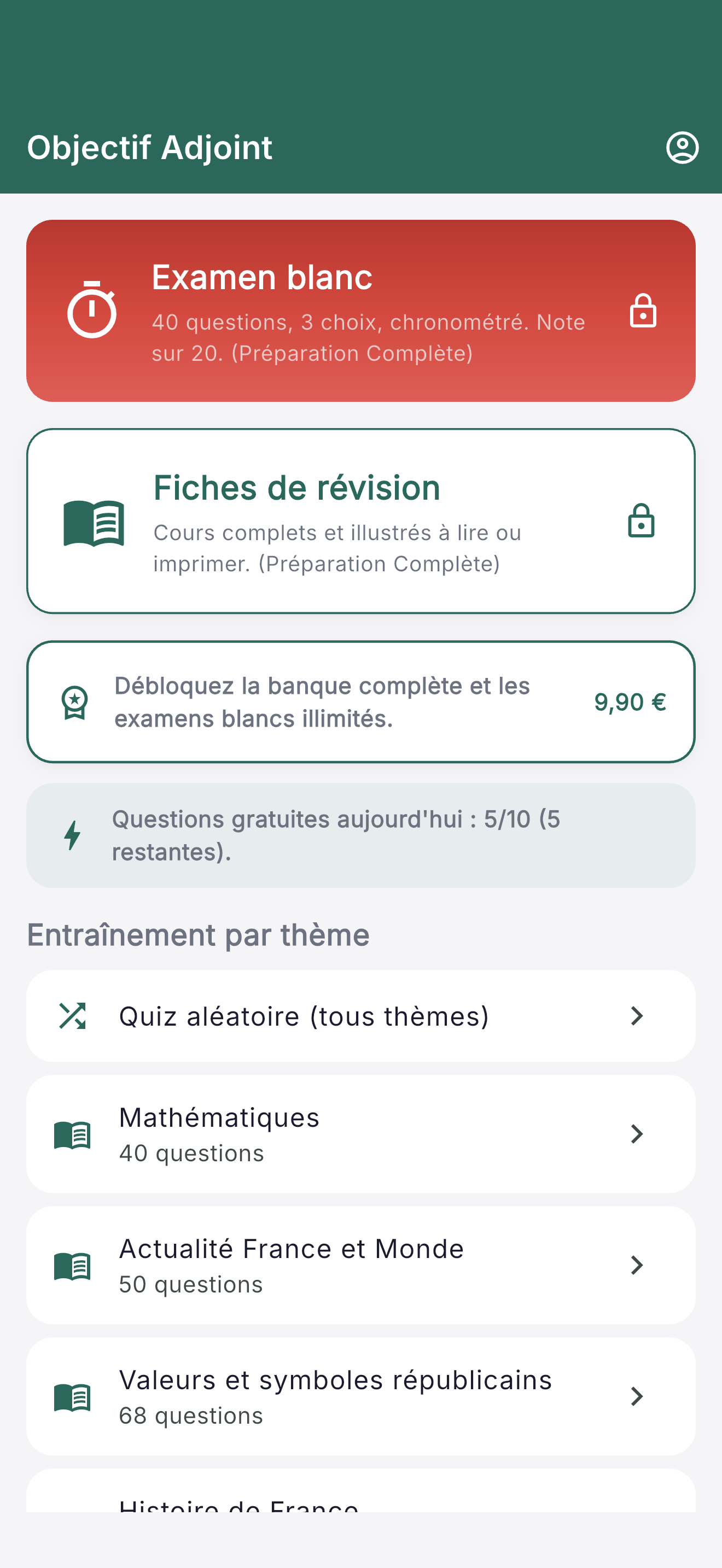 Écran d'accueil d'Objectif Adjoint : la carte Examen blanc, les fiches de révision, l'offre Préparation Complète et le compteur de questions gratuites du jour