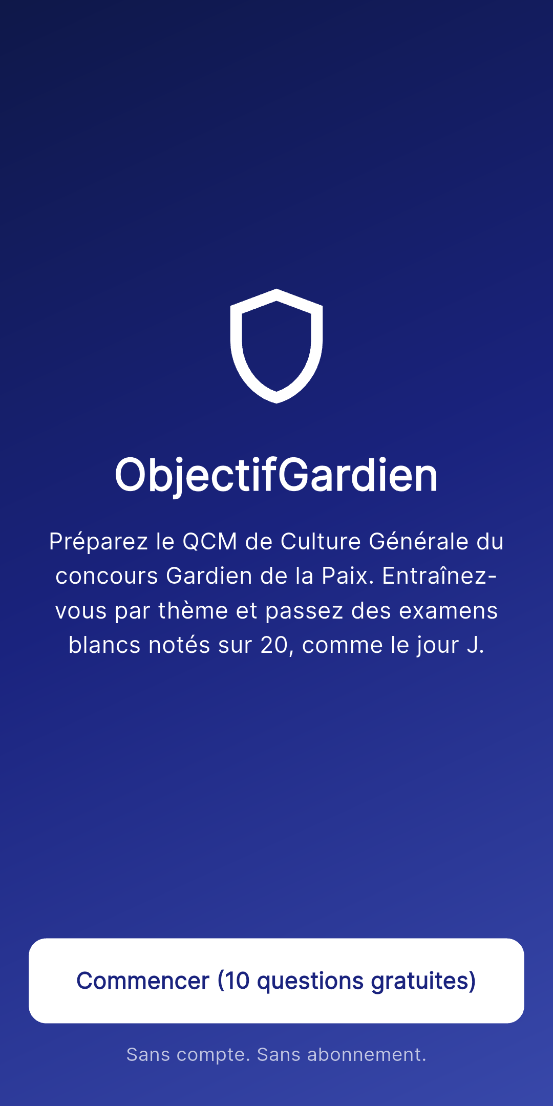 Écran d'accueil d'Objectif Adjoint - commencer avec 10 questions gratuites, sans compte ni abonnement